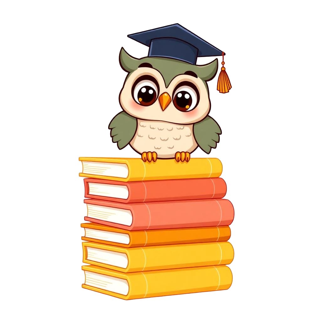 Hoot the owl sitting on a stack of colorful children's books